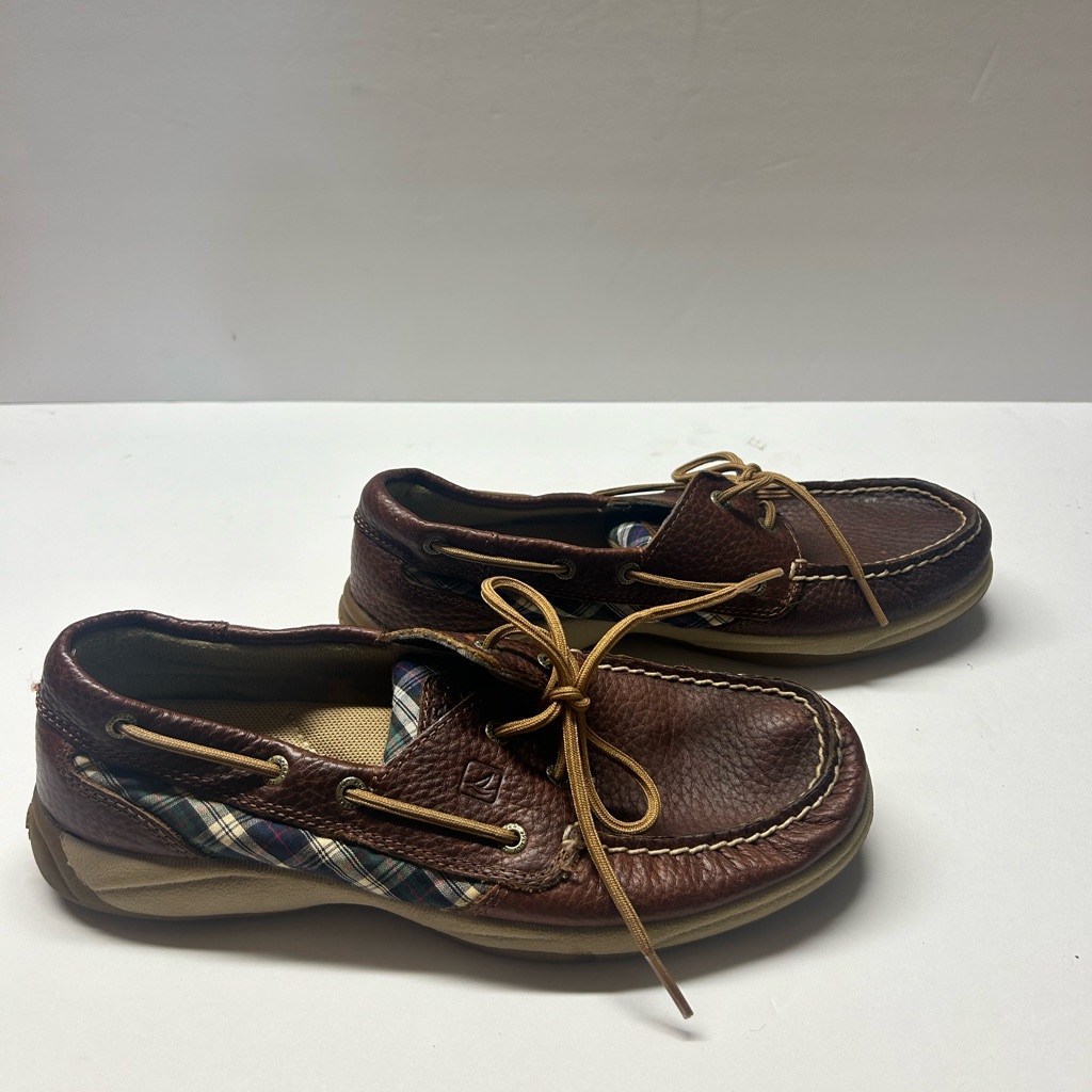Sperry Topsiders Boat Shoes Dark Brown Leather Plaid Size 8.5